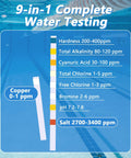Easily Monitor Salt Levels pH Chlorine And Hardness With Zero Fuss Using These Top Shelf 150 Count Nine In One Pool Test Strips To Keep Your Backyard Oasis Swim Ready showing 9-in-1 testing parameters.