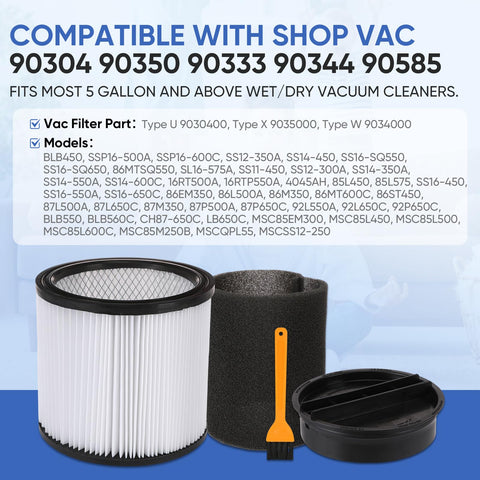 Alt Tag: Replacement Cartridge Filter For 5 Gallon And Larger Wet Dry Vacuums, Go To Filter For Models 90304 90350 90333 90344 90585 And More shown with components