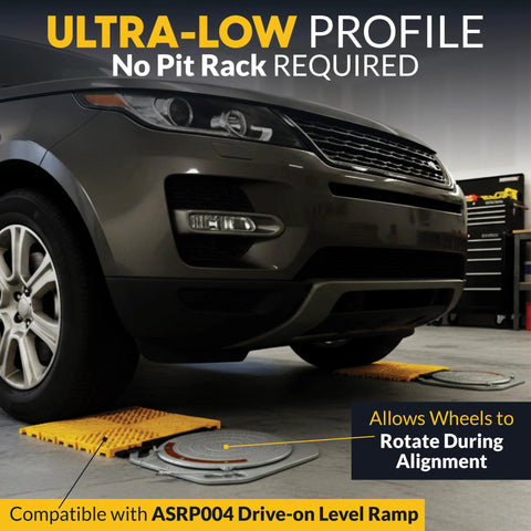 AUTOSOLO low-profile wheel alignment turn plates with brass dial measurements; 4-ton capacity, yellow ramps in workshop