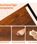 Close-up of brown wooden shelf board showing waterproof, stain-resistant, scratch-resistant features, "Hochwertige Holzplatte."