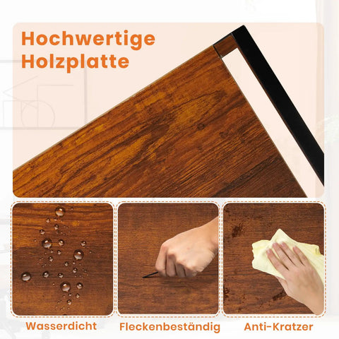 Close-up of brown wooden shelf board showing waterproof, stain-resistant, scratch-resistant features, "Hochwertige Holzplatte."