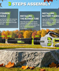 Image showing assembly steps for Cordless Leaf Blower 650 CFM With Dual 4.0Ah Batteries And Charger, Lightweight Yard And Patio Cleaner.