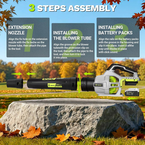 Image showing assembly steps for Cordless Leaf Blower 650 CFM With Dual 4.0Ah Batteries And Charger, Lightweight Yard And Patio Cleaner.