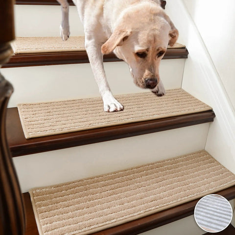 Dog walking on soft edging stair treads non slip carpet mat 28 by 9 inch indoor stair runner for wooden steps beige 15 pack with TPE backing safe for kids and pets that stays put on dry floors.