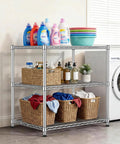 Beefy Heavy Duty 24 Inch Deep Metal Wire Shelving Unit For Kitchen Garage And Pantry, Adjustable Shelves, Microwave Stand, Sturdy Steel Bakers Rack, Standing Organizer, Industrial Grade Storage With 550 Lbs Per Shelf And 1650 Lbs Total Capacity. 3-tier chrome shelf in laundry room with detergent and baskets