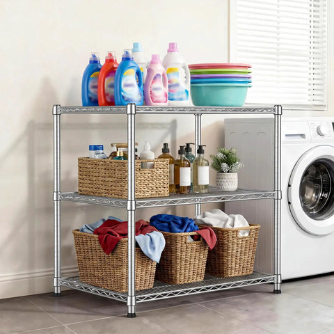 Beefy Heavy Duty 24 Inch Deep Metal Wire Shelving Unit For Kitchen Garage And Pantry, Adjustable Shelves, Microwave Stand, Sturdy Steel Bakers Rack, Standing Organizer, Industrial Grade Storage With 550 Lbs Per Shelf And 1650 Lbs Total Capacity. 3-tier chrome shelf in laundry room with detergent and baskets