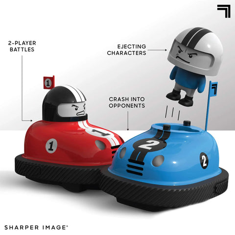 Road Rage Remote Control Bumper Cars For Kids Ages 6 And Up Two Player Head To Head Battle With Ejecting Drivers Realistic Sounds And Lights Indoor Fun Mini RC Cars, featuring red and blue cars with ejected driver figure.