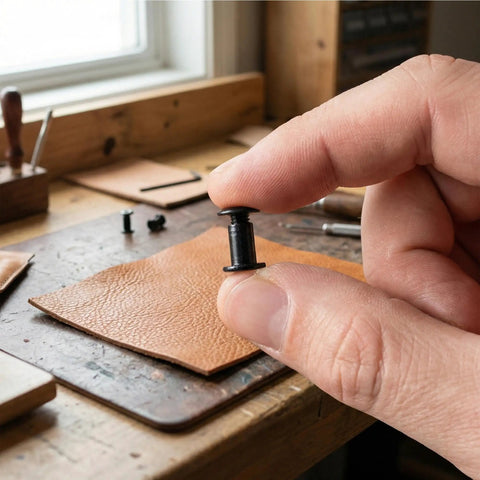 Close-up of Top Shelf Black Chicago Screws And Binding Post Tools For Leather Crafting And Scrapbook Binding M4 X 8mm Carbon Steel Fasteners held between fingers.