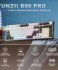Clean 96 Percent Layout Wireless Mechanical Keyboard With Hot Swappable Switches And Playful Cat Metal Knobs Dedicated Number Pad For Slick Typing And Sweet Gaming Sessions In A Dope Coffee Brown Finish, showing the keyboard with colorful backlighting.