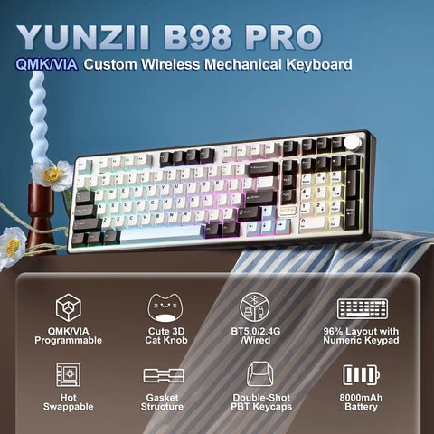 Clean 96 Percent Layout Wireless Mechanical Keyboard With Hot Swappable Switches And Playful Cat Metal Knobs Dedicated Number Pad For Slick Typing And Sweet Gaming Sessions In A Dope Coffee Brown Finish, showing the keyboard with colorful backlighting.