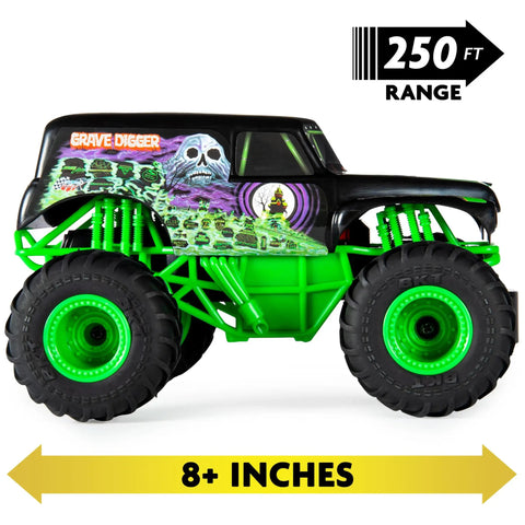 Awesome Grave Digger RC Monster Truck 1:24 Scale 2.4 GHz RC Vehicle side view, showcasing durable green frame and decals