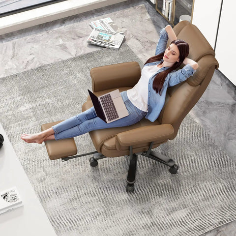160 Degree Reclining Office Chair With Footrest For Big And Tall Comfort Leather High Back Computer Desk Chair With Cross Legged Seat Armrests And Smooth Wheels For All Day Comfort Brown