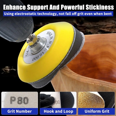 3 Inch Gold Sanding Discs Set For Drill Attachment with hook and loop sander kit for woodworking and automotive use close-up