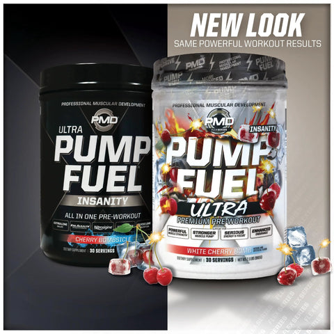 Ultra Insanity Premium Pre Workout Powder For Explosive Muscle Pump Laser Focus Endurance And Recovery With Creatine Arginine And Beta Alanine Cherry Bombsicle Flavor 30 Servings in two packaging styles with ice and cherry illustrations.