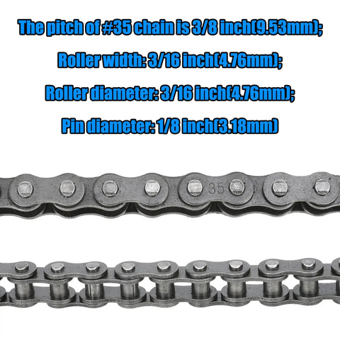 Close-up of Beefy 35 Chain with dimensions, part of Beefy 35 Chain With Mini Bike Chain Tensioner 140 Links For Coleman Ct100U