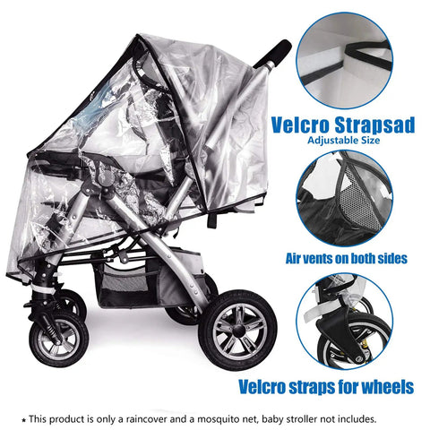 Must-Have All Weather Stroller Rain Cover And Baby Mosquito Net 2-Piece Set Universal Stroller Accessory with velcro straps and air vents