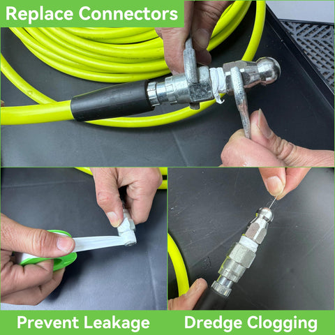 Sewer Jetter Kit For Pressure Washer With 100 Ft Hose And Short Gun, Button Nose, Rotating And Corner Nozzles, connectors in use