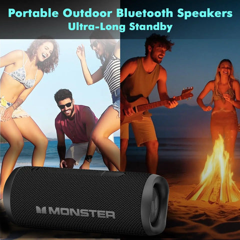 60W Outdoor Bluetooth Speaker With IPX8 Waterproof set near campfire and people dancing on the beach at night
