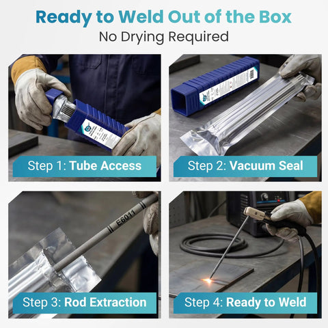 Process of using E6011 Welding Rod 3/32 Inch, 5 lb Pack, from tube access to ready to weld stage, showcasing vacuum sealing.