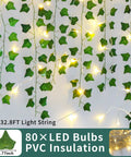 Fake Ivy Vines With 80 LED String Lights 12 Pack 84 Feet Total Length For Indoor Outdoor Decor setup showcasing lights on wall