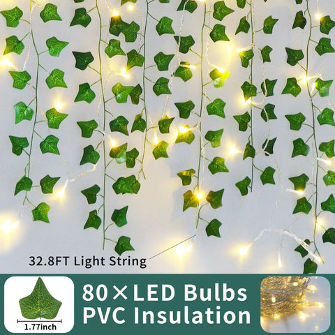 Fake Ivy Vines With 80 LED String Lights 12 Pack 84 Feet Total Length For Indoor Outdoor Decor setup showcasing lights on wall