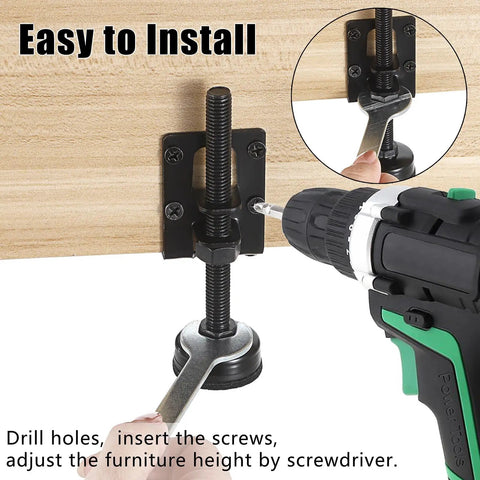 Heavy Duty Four Pack Adjustable Furniture Levelers With Grippy Felt Pads installation process using a drill and wrench.