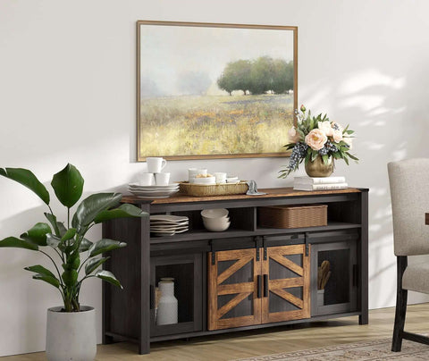 Farmhouse Buffet Cabinet With Sliding Barn Doors And Mesh Doors For A No Fuss Coffee Bar Setup 59 Inch Storage Cabinet in room