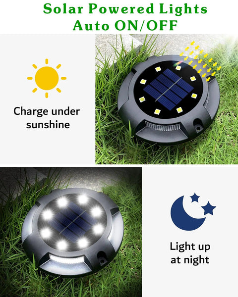 Solar Outdoor Walkway Lights 12 Pack Bright Ground Lights Uplight And Sidelight Waterproof showing solar charging and night light