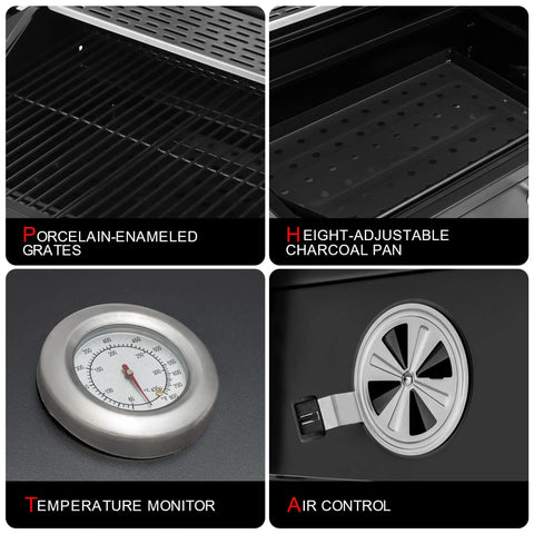 Four features of 24 Inch Charcoal Grill With Folding Table And Handle Grilling Ready Backyard BBQ Smoker 490 Sq In Total Cooking Space