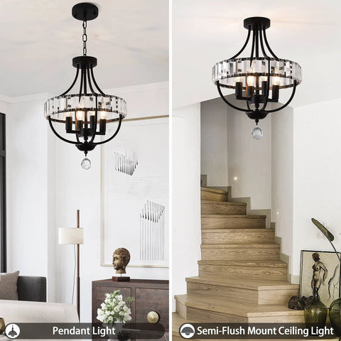 Crystal Farmhouse Chandelier In Black Rustic Finish Four Light Flush Mount Ceiling Light with dope crystal accents