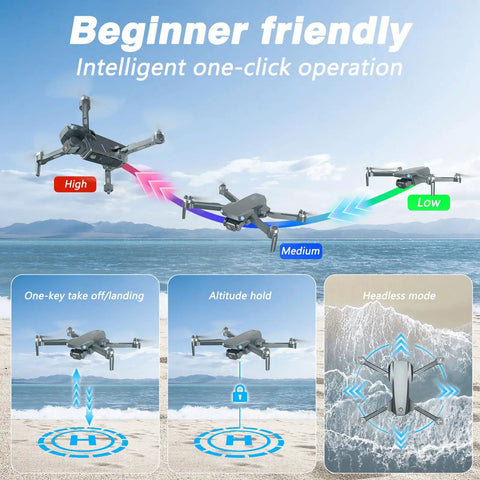 Foldable 1080P FPV Drone With Camera For Grownups, Beginners And Kids, images of flight modes and controls over beach
