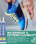 Pro Grade Flexible Shoe Repair Adhesive 20 Ml 2 Pack, Extra Strong Clear Waterproof Glue For Soles Heels Patches And Small Holes On Leather Rubber Vinyl Canvas Tough As Nails with blue shoe being brushed with water splashing