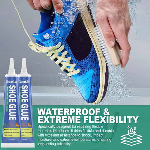 Pro Grade Flexible Shoe Repair Adhesive 20 Ml 2 Pack, Extra Strong Clear Waterproof Glue For Soles Heels Patches And Small Holes On Leather Rubber Vinyl Canvas Tough As Nails with blue shoe being brushed with water splashing