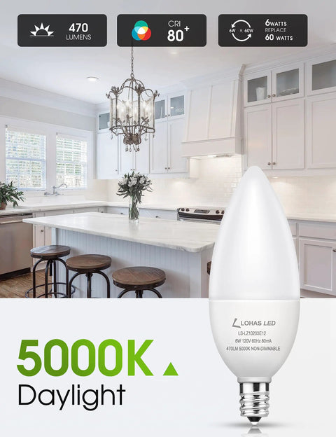 E12 LED Candelabra Bulb 60 Watt Equivalent for Chandeliers in kitchen setting, 5000K Daylight White, Non Dimmable, 6W Type B, 6 Pack