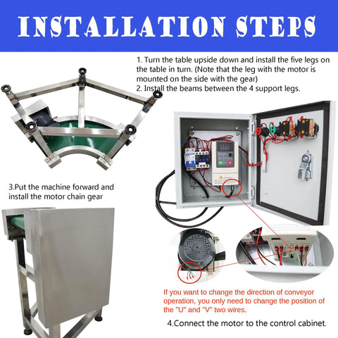 Installation steps for 90 Degree Turn Conveyor With Flat And Curved Layout PVC Belt Stainless Steel Frame Adjustable Speed Control