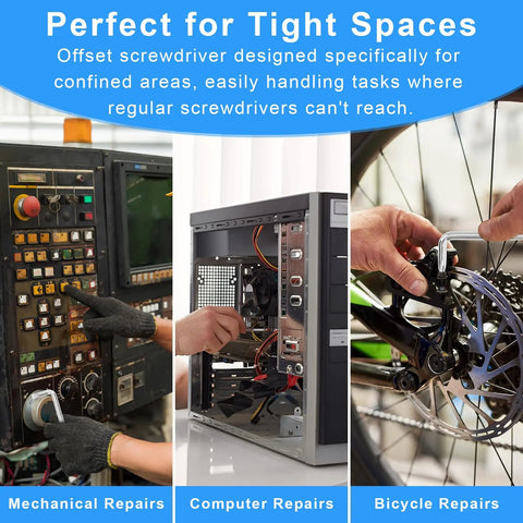 3-Piece Offset Screwdriver Set With Right-Angle Design Phillips And Flat Head Bits 90-Degree Tool ideal for mechanical and bike repairs.