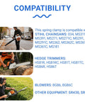 Compatibility chart for 2-Pack Double Pawl Clips for Chainsaws and Leaf Blowers, listing compatible tools and equipment models.