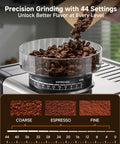 Next Level Semi Automatic Espresso Machine With Built In Conical Burr Grinder, showing coffee beans in grinder with 44 grind settings.