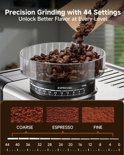 Next Level Semi Automatic Espresso Machine With Built In Conical Burr Grinder, showing coffee beans in grinder with 44 grind settings.