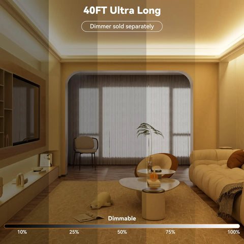 Ultra Bright 40ft COB LED Strip Lights 504 LEDs/m Warm White 3000K CRI90 Plus illuminating a cozy living room setting.