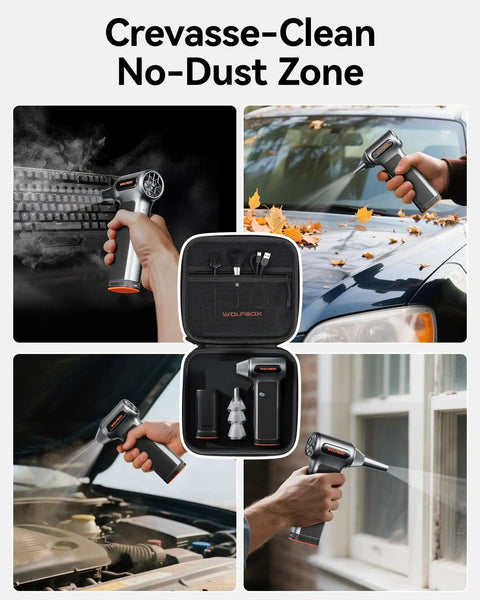 Beast-Mode MF200-2PK High-Pressure Air Duster With 2 Swappable Batteries And Hard Case shown in various cleaning scenarios