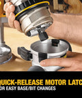 Fixed And Plunge Base Router Kit With Soft Start And Electronic Variable Speed being mounted using quick-release motor latch.
