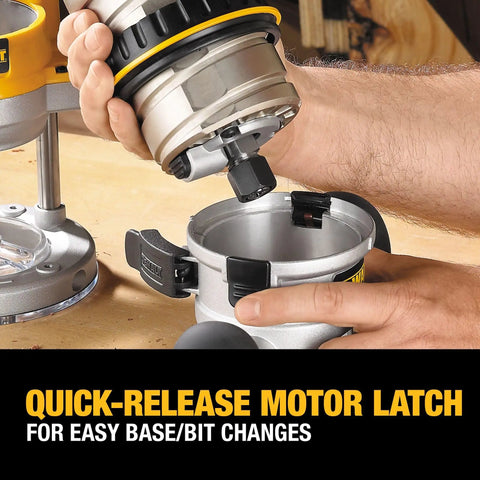 Fixed And Plunge Base Router Kit With Soft Start And Electronic Variable Speed being mounted using quick-release motor latch.