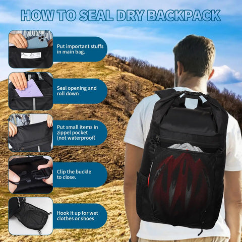 Man wearing 20L Waterproof Dry Bag Backpack With Waist Pouch And Phone Case For Kayaking And Boating, hiking in nature