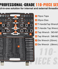 Open storage case showing Pro Grade 110-Piece Tap and Die Set with Metric Sizes M2 to M18, Bearing Steel Taps and Dies.