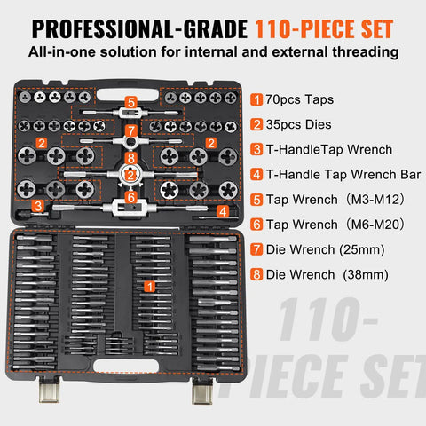 Tap And Die Set M2 To M18 110 Piece Metric Kit With Tungsten Steel Titanium Build And Storage Case Heavy Duty Tap And Die For Cutting External And Internal Threads In Tough Jobs