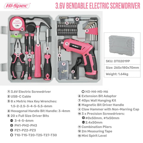 Slick 4V Usb Rechargeable Electric Screwdriver And 41 Piece Tool Kit With Swivel Handle And Bright Led For No Sweat Diy Repairs And Furniture Assembly Jobs Pink in a compact case.