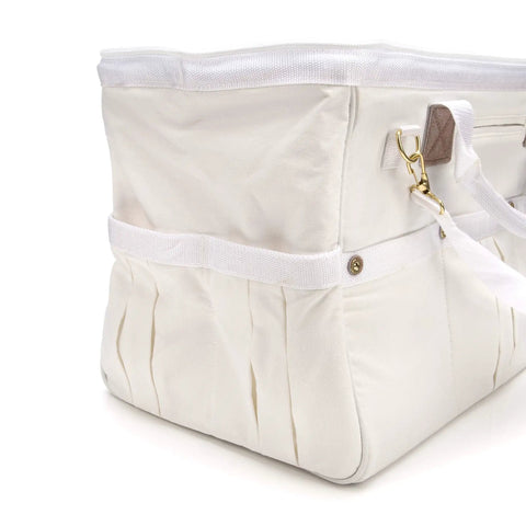 Side view of 20 inch heavy duty canvas tool tote for painters carpenters and builders with rugged zipper and reinforced handles in white