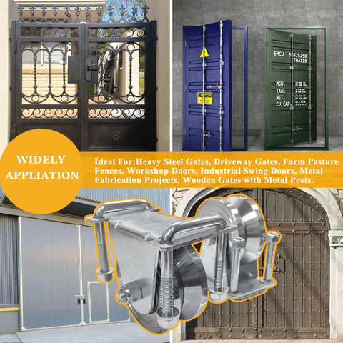 2 Pack 4 Inch Heavy Duty V Groove Sliding Gate Roller Wheels With No Weld Installation And External Brackets 6600 Pound Capacity For Inverted Gate Systems Zinc Plated Anti Rust Finish displayed with various gate types.