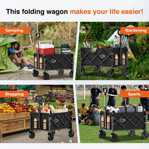 Collapsible Wagon Cart With Wheels Foldable 360 Lb Dynamic Weight Capacity shown in camping, gardening, shopping, and sports scenarios